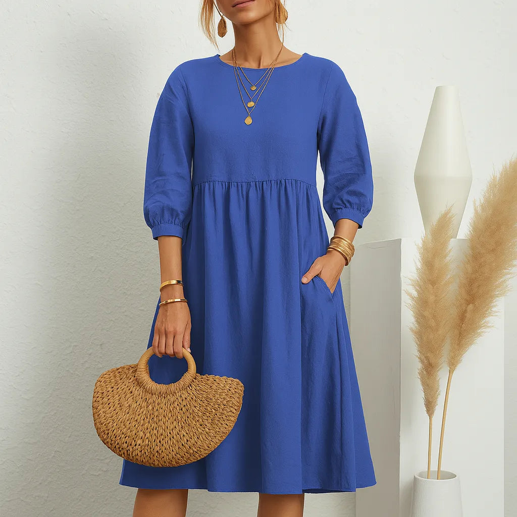 Women’s Linen Midi Dress with Pockets – Long Sleeve Loose A-Line Smock Style Blue