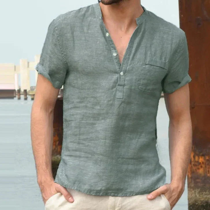 Men's Breathable Linen Shirt - Short Sleeve, Mandarin Collar Casual Wear Green