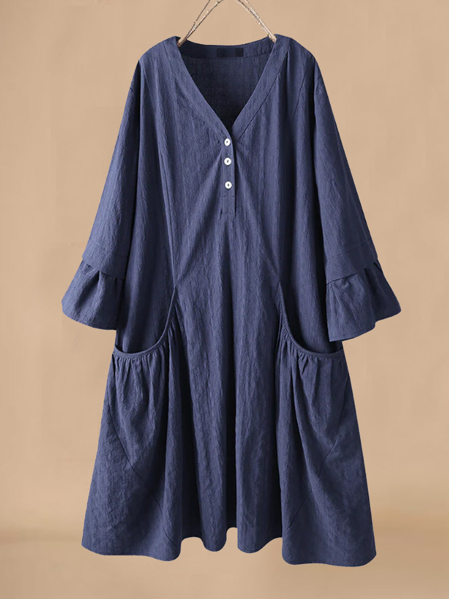 Women's Cotton Linen Midi Dress - Relaxed Fit, V-Neck, Flared Sleeves, Pockets for Summer Navy