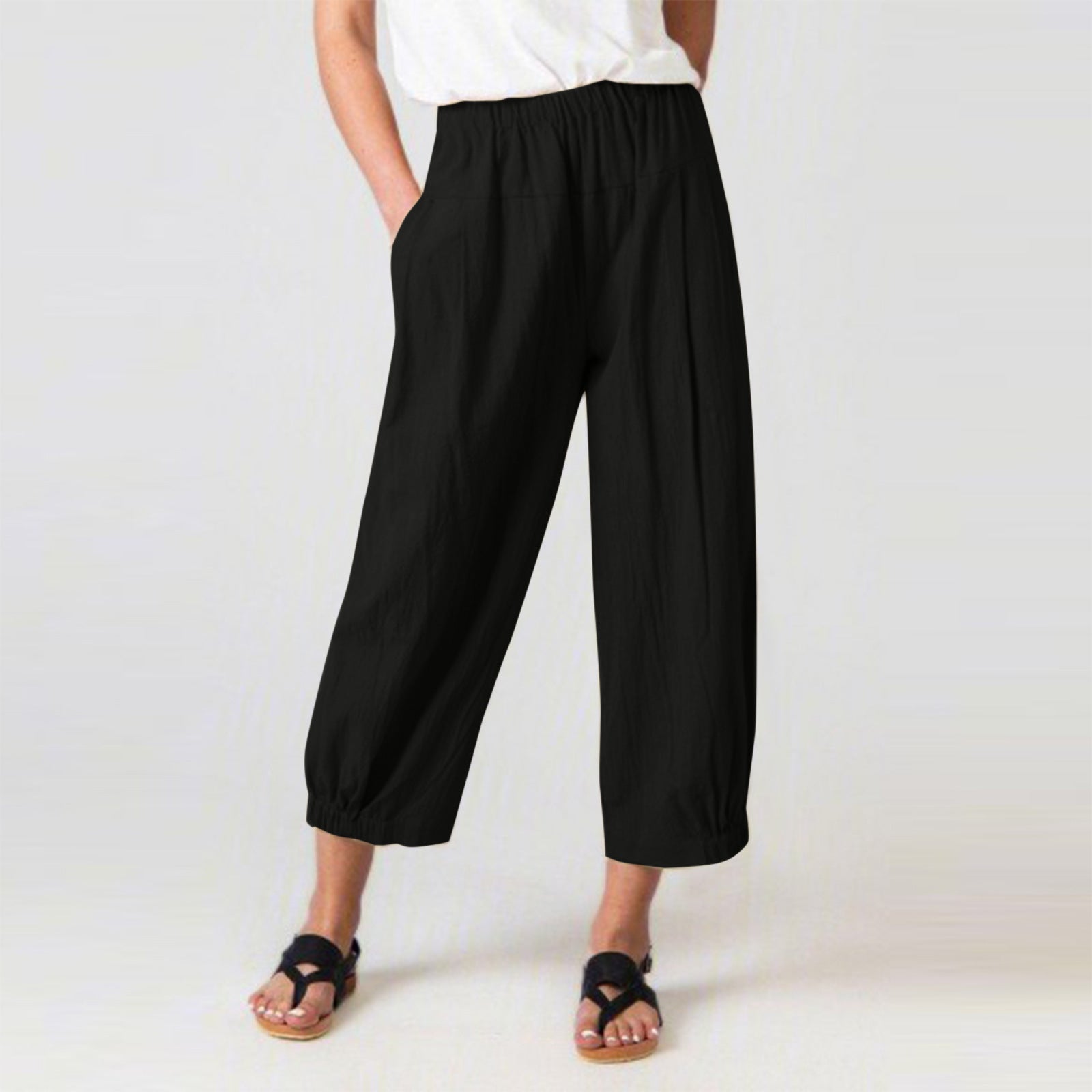 Women's High Waist Harem Pants – Cotton Linen Blend, Cropped Fit, Pockets | Casual Classic Wear for Summer Black