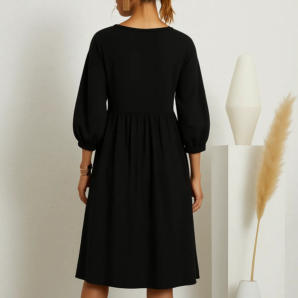 Women’s Linen Midi Dress with Pockets – Long Sleeve Loose A-Line Smock Style