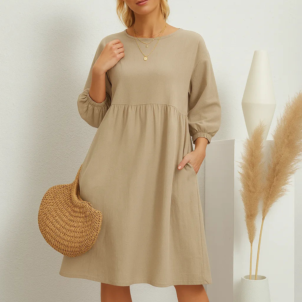 Women’s Linen Midi Dress with Pockets – Long Sleeve Loose A-Line Smock Style Khaki