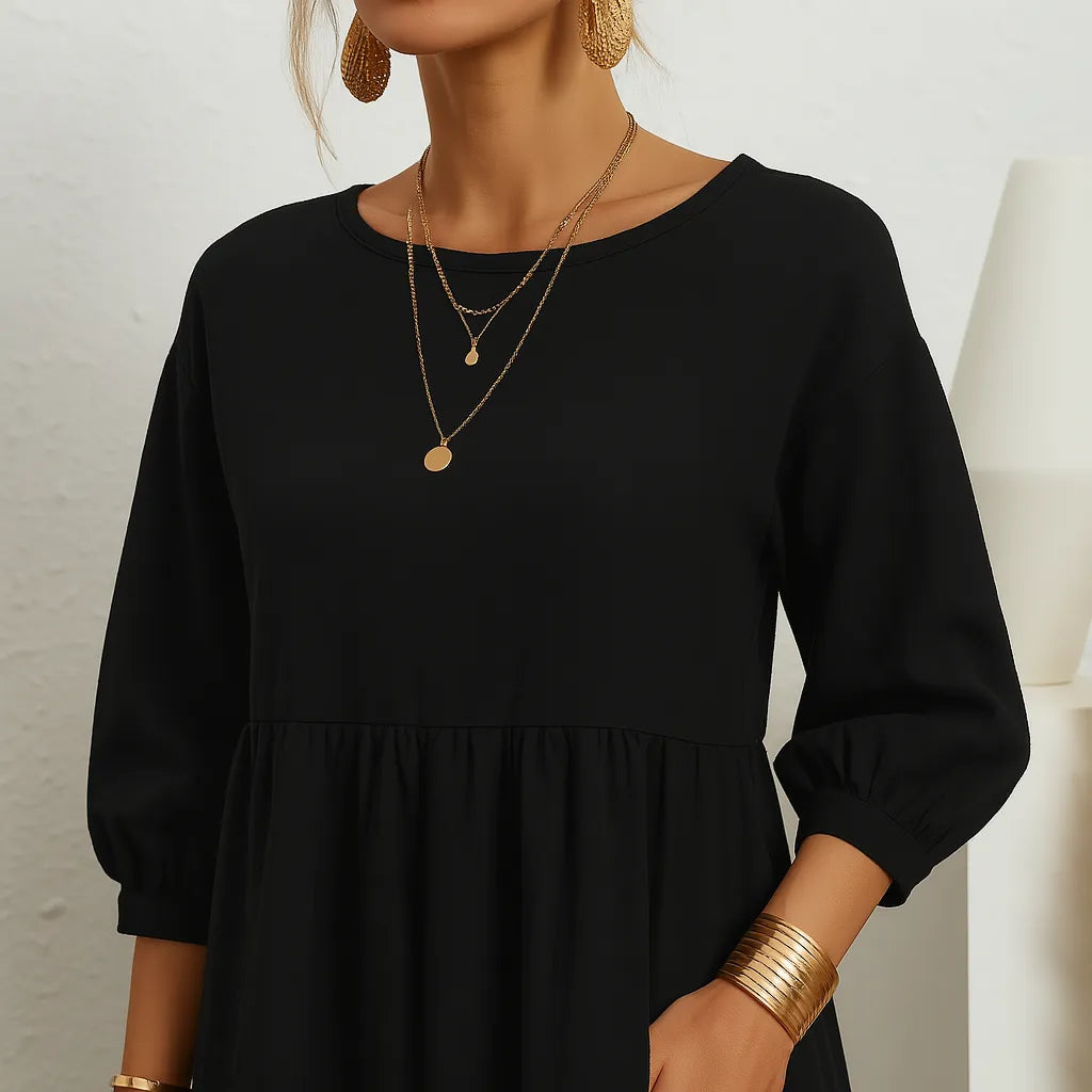 Women’s Linen Midi Dress with Pockets – Long Sleeve Loose A-Line Smock Style