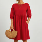 Women’s Linen Midi Dress with Pockets – Long Sleeve Loose A-Line Smock Style Red