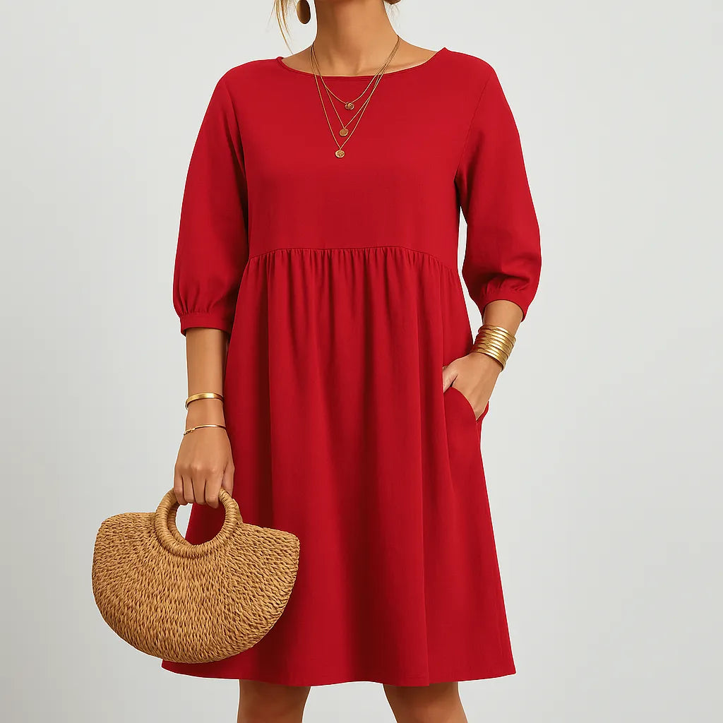 Women’s Linen Midi Dress with Pockets – Long Sleeve Loose A-Line Smock Style Red