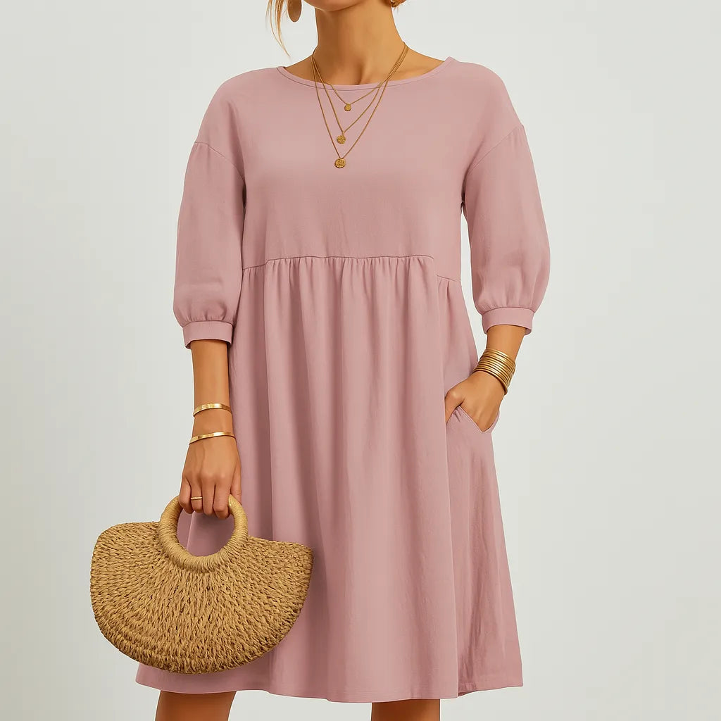 Women’s Linen Midi Dress with Pockets – Long Sleeve Loose A-Line Smock Style Pink