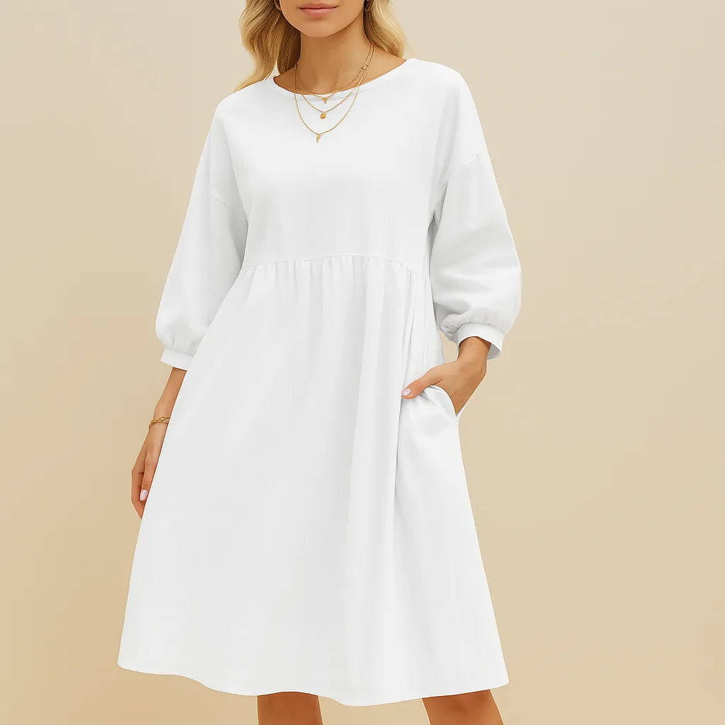 Women’s Linen Midi Dress with Pockets – Long Sleeve Loose A-Line Smock Style White