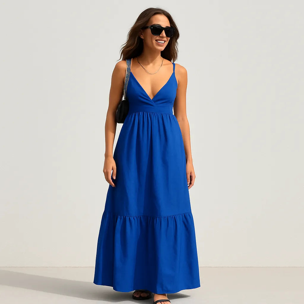 Women’s Linen Maxi Dress – Sleeveless V-Neck Tiered A-Line Summer Dress