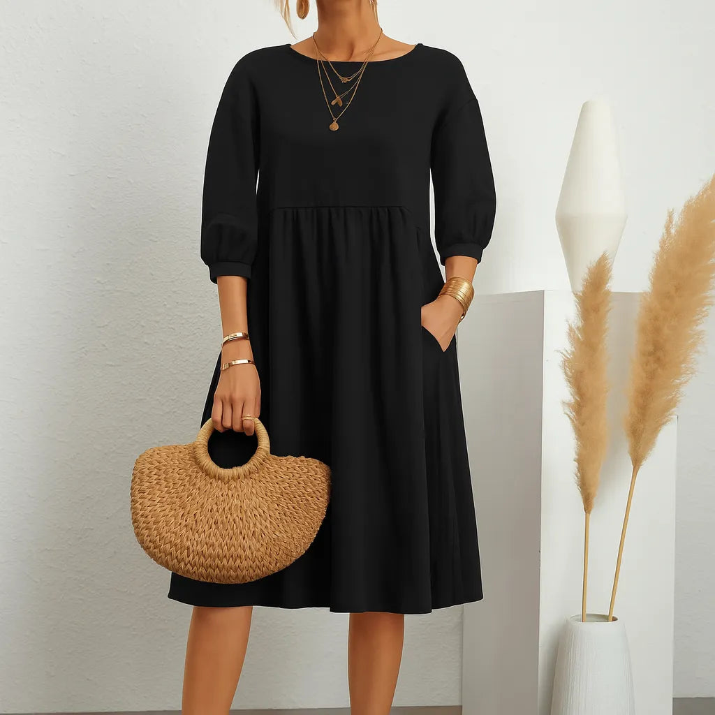Women’s Linen Midi Dress with Pockets – Long Sleeve Loose A-Line Smock Style Black