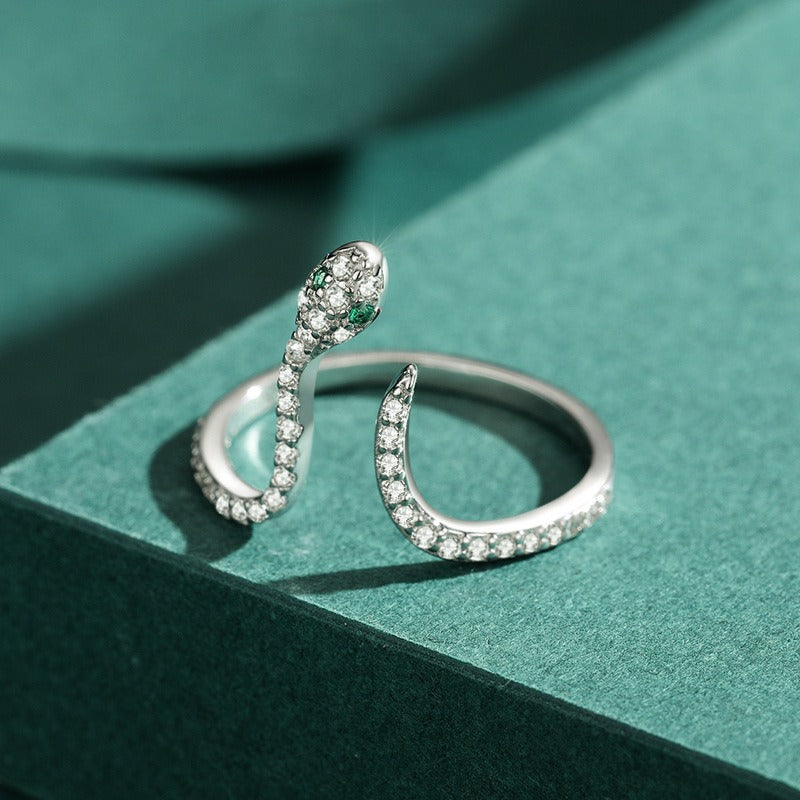 Adjustable Sterling Silver Crystal Snake Ring - Elegant, Unique Design, Gift-Ready