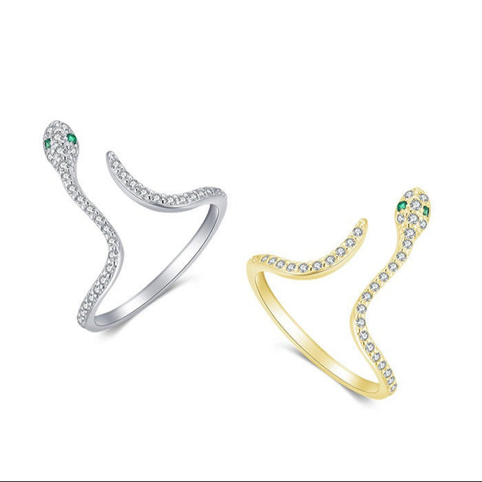 Adjustable Sterling Silver Crystal Snake Ring - Elegant, Unique Design, Gift-Ready Gold