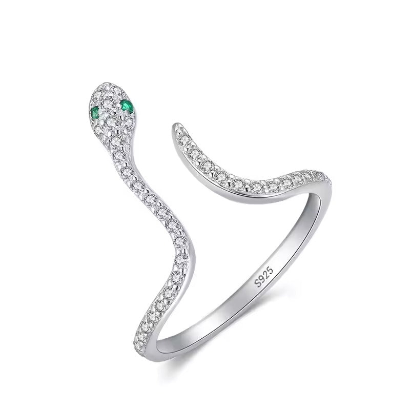 Adjustable Sterling Silver Crystal Snake Ring - Elegant, Unique Design, Gift-Ready Silver