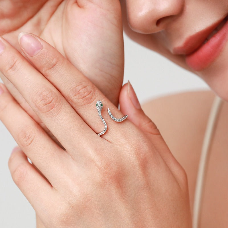 Adjustable Sterling Silver Crystal Snake Ring - Elegant, Unique Design, Gift-Ready