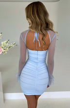 Women's Mini Dress - Premium Ruched Mesh, Underwired Cups, Sheer Long Sleeves | Baby Blue