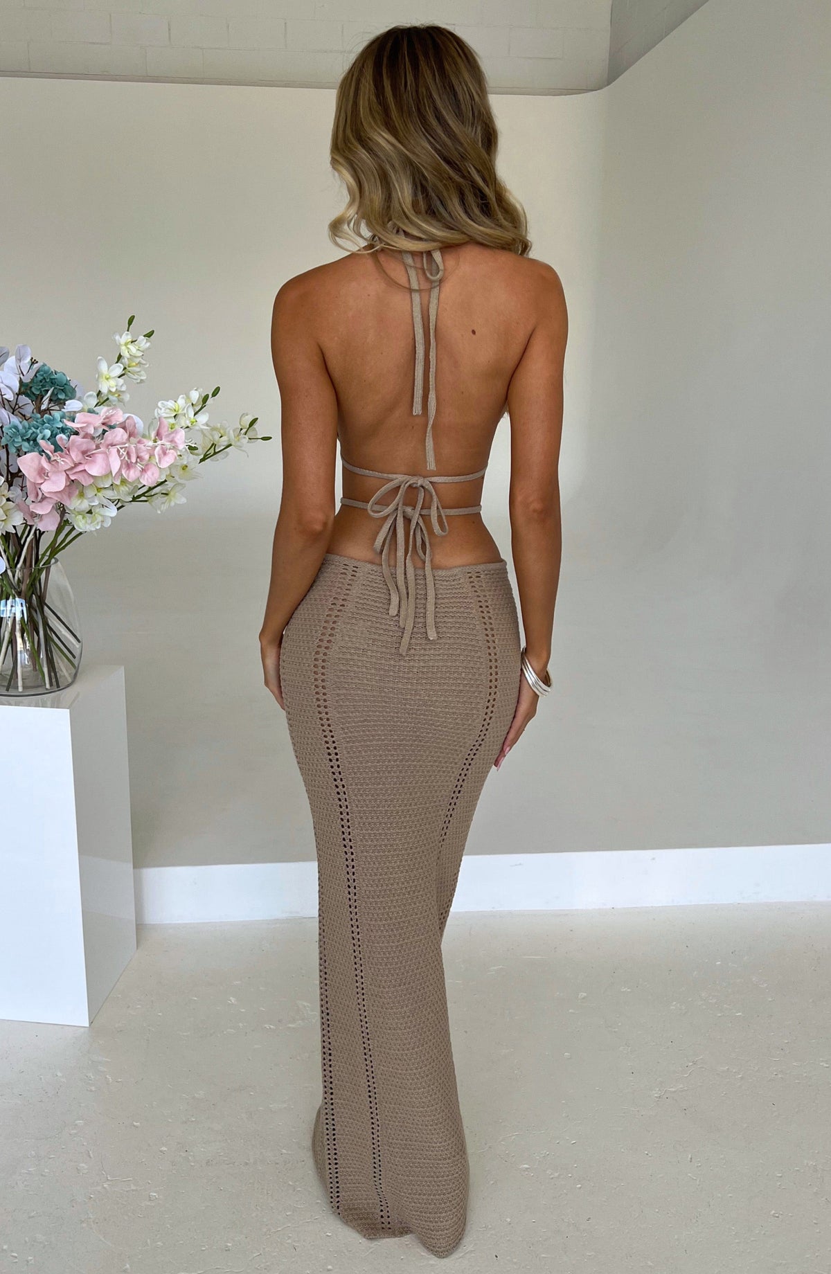 Crochet Knit Women's Maxi Dress - Backless, Plunge Neckline, Adjustable Fit | Beige