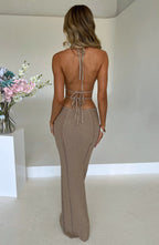 Crochet Knit Women's Maxi Dress - Backless, Plunge Neckline, Adjustable Fit | Beige