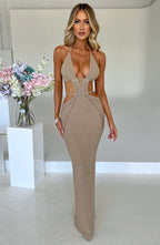 Crochet Knit Women's Maxi Dress - Backless, Plunge Neckline, Adjustable Fit | Beige XL