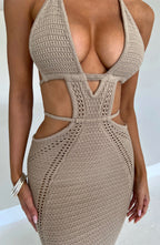Crochet Knit Women's Maxi Dress - Backless, Plunge Neckline, Adjustable Fit | Beige
