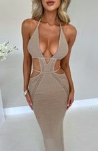Crochet Knit Women's Maxi Dress - Backless, Plunge Neckline, Adjustable Fit | Beige