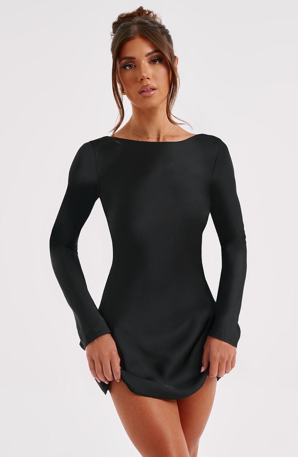Women's Mini Dress - Satin, Long Sleeves, Low Back, Fluid Drape, High Neck | Black