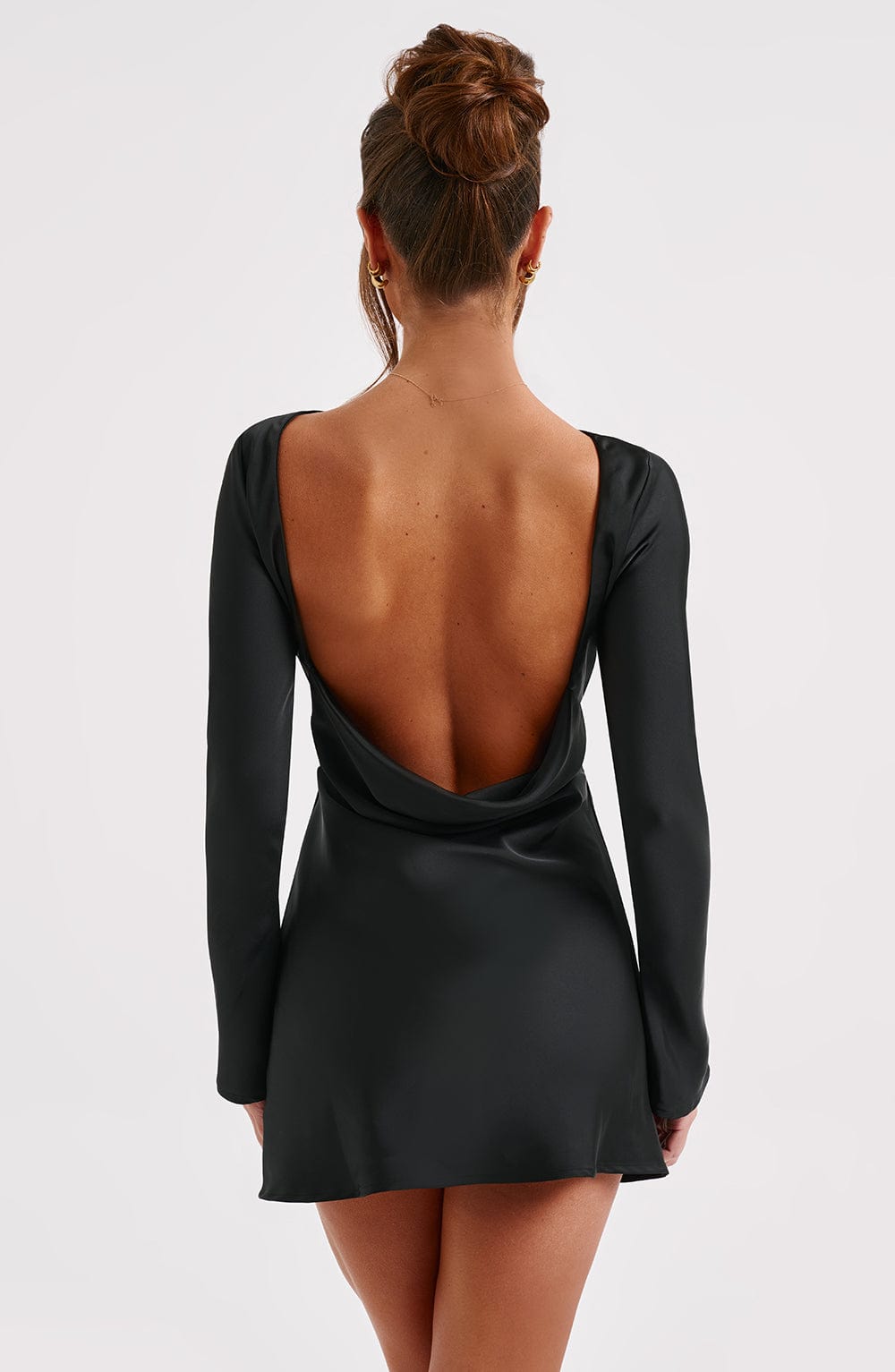 Women's Mini Dress - Satin, Long Sleeves, Low Back, Fluid Drape, High Neck | Black
