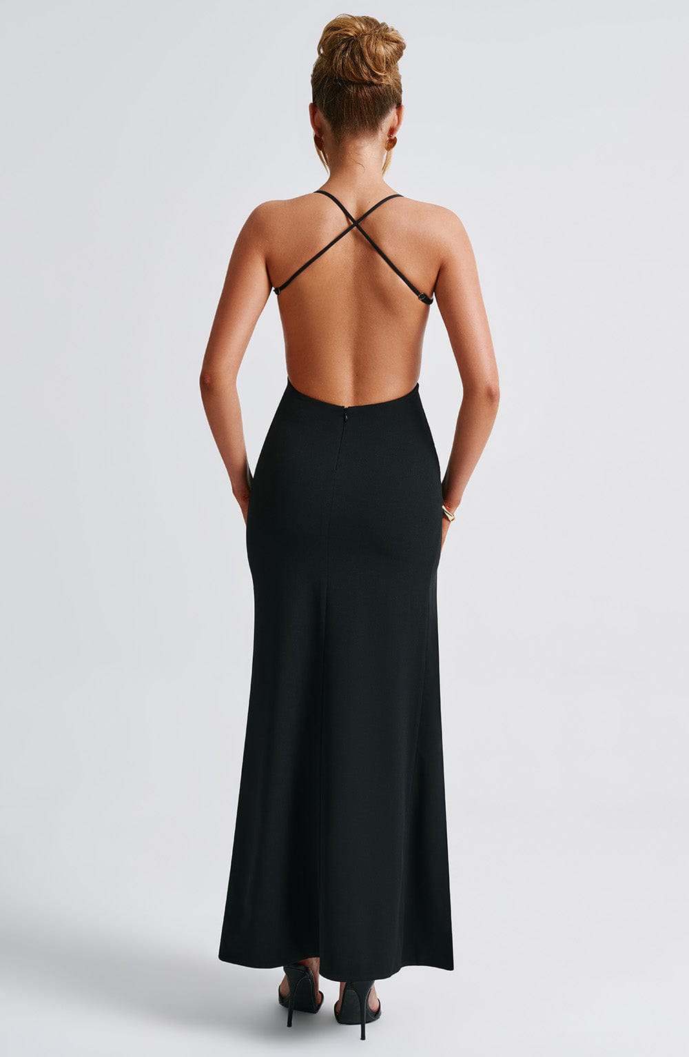 Women's Maxi Dress - Luxurious Stretch Crepe, Scoop Neck, Thigh-High Split | Black