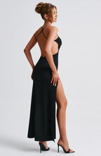 Women's Maxi Dress - Luxurious Stretch Crepe, Scoop Neck, Thigh-High Split | Black