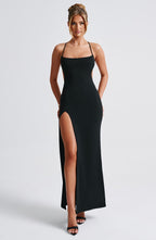 Women's Maxi Dress - Luxurious Stretch Crepe, Scoop Neck, Thigh-High Split | Black