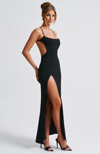 Women's Maxi Dress - Luxurious Stretch Crepe, Scoop Neck, Thigh-High Split | Black