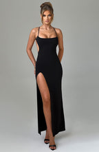 Women's Maxi Dress - Luxurious Stretch Crepe, Scoop Neck, Thigh-High Split | Black