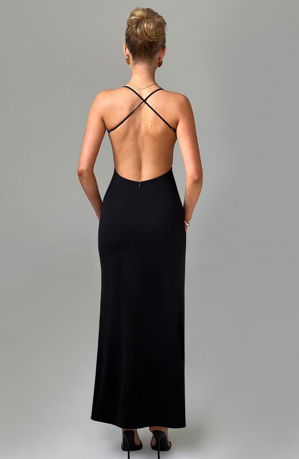 Women's Maxi Dress - Luxurious Stretch Crepe, Scoop Neck, Thigh-High Split | Black