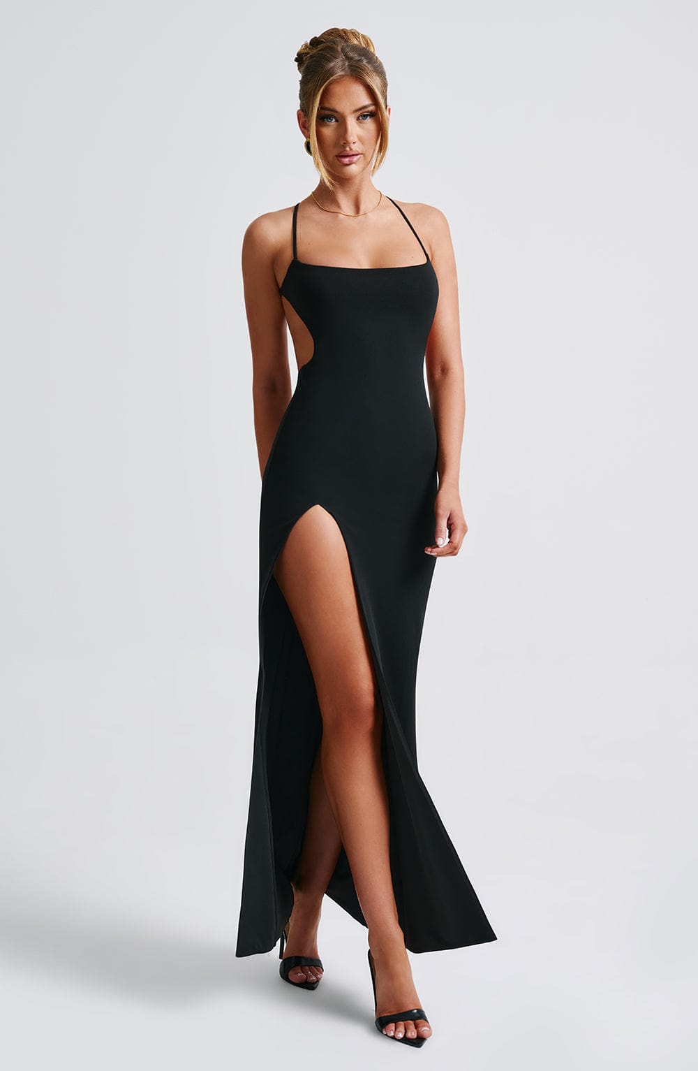 Women's Maxi Dress - Luxurious Stretch Crepe, Scoop Neck, Thigh-High Split | Black