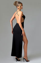Women's Maxi Dress - Luxurious Stretch Crepe, Scoop Neck, Thigh-High Split | Black