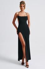 Women's Maxi Dress - Luxurious Stretch Crepe, Scoop Neck, Thigh-High Split | Black