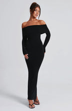 Women's Knit Maxi Dress - Off-the-Shoulder, Fitted Sleeves, Premium Fabric | Black