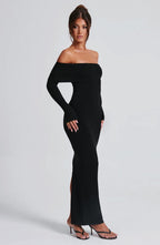 Women's Knit Maxi Dress - Off-the-Shoulder, Fitted Sleeves, Premium Fabric | Black