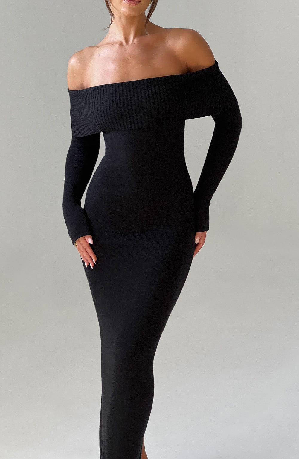 Women's Knit Maxi Dress - Off-the-Shoulder, Fitted Sleeves, Premium Fabric | Black
