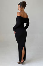 Women's Knit Maxi Dress - Off-the-Shoulder, Fitted Sleeves, Premium Fabric | Black