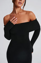 Women's Knit Maxi Dress - Off-the-Shoulder, Fitted Sleeves, Premium Fabric | Black