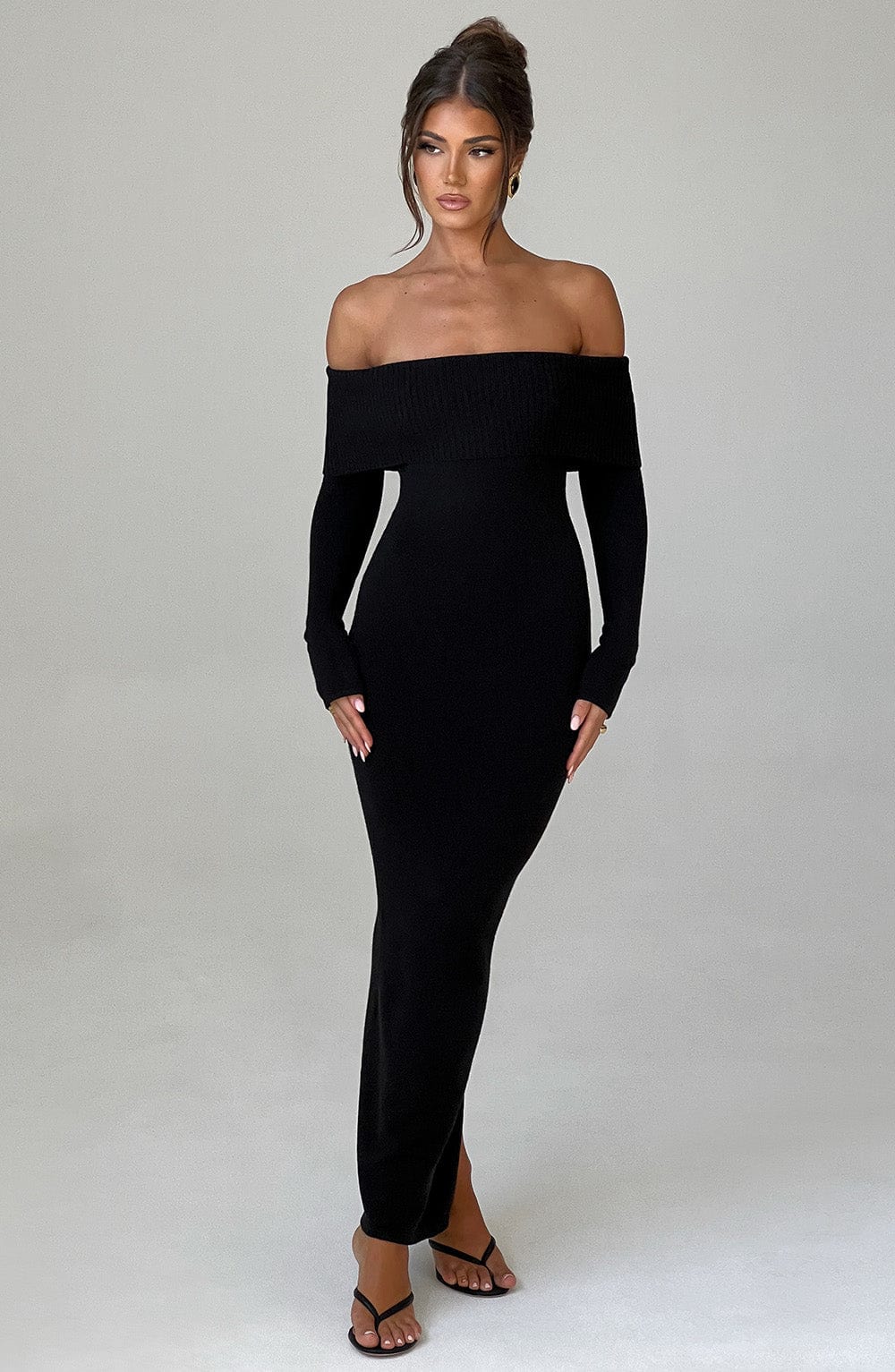 Women's Knit Maxi Dress - Off-the-Shoulder, Fitted Sleeves, Premium Fabric | Black