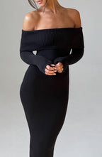 Women's Knit Maxi Dress - Off-the-Shoulder, Fitted Sleeves, Premium Fabric | Black