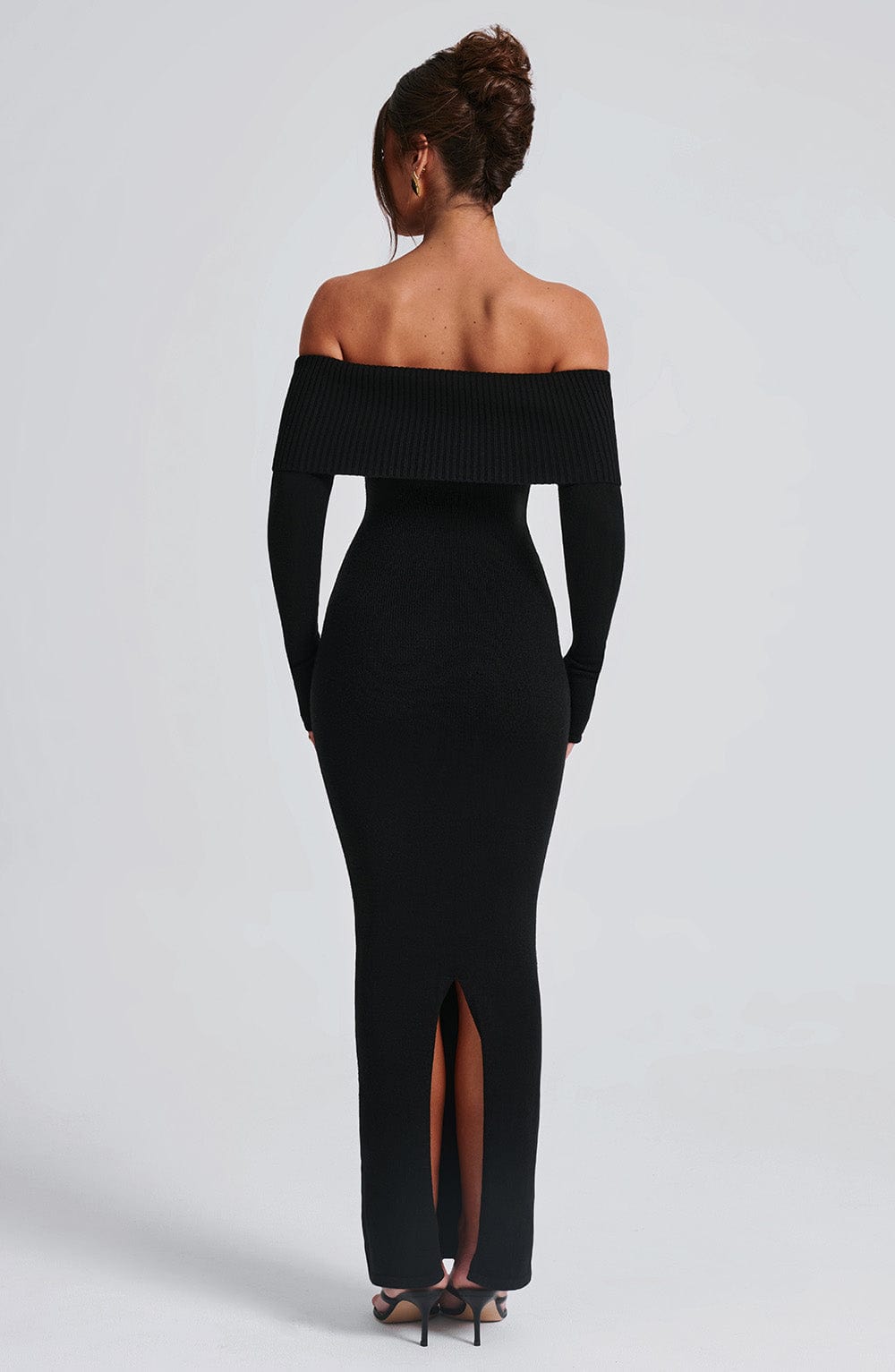 Women's Knit Maxi Dress - Off-the-Shoulder, Fitted Sleeves, Premium Fabric | Black