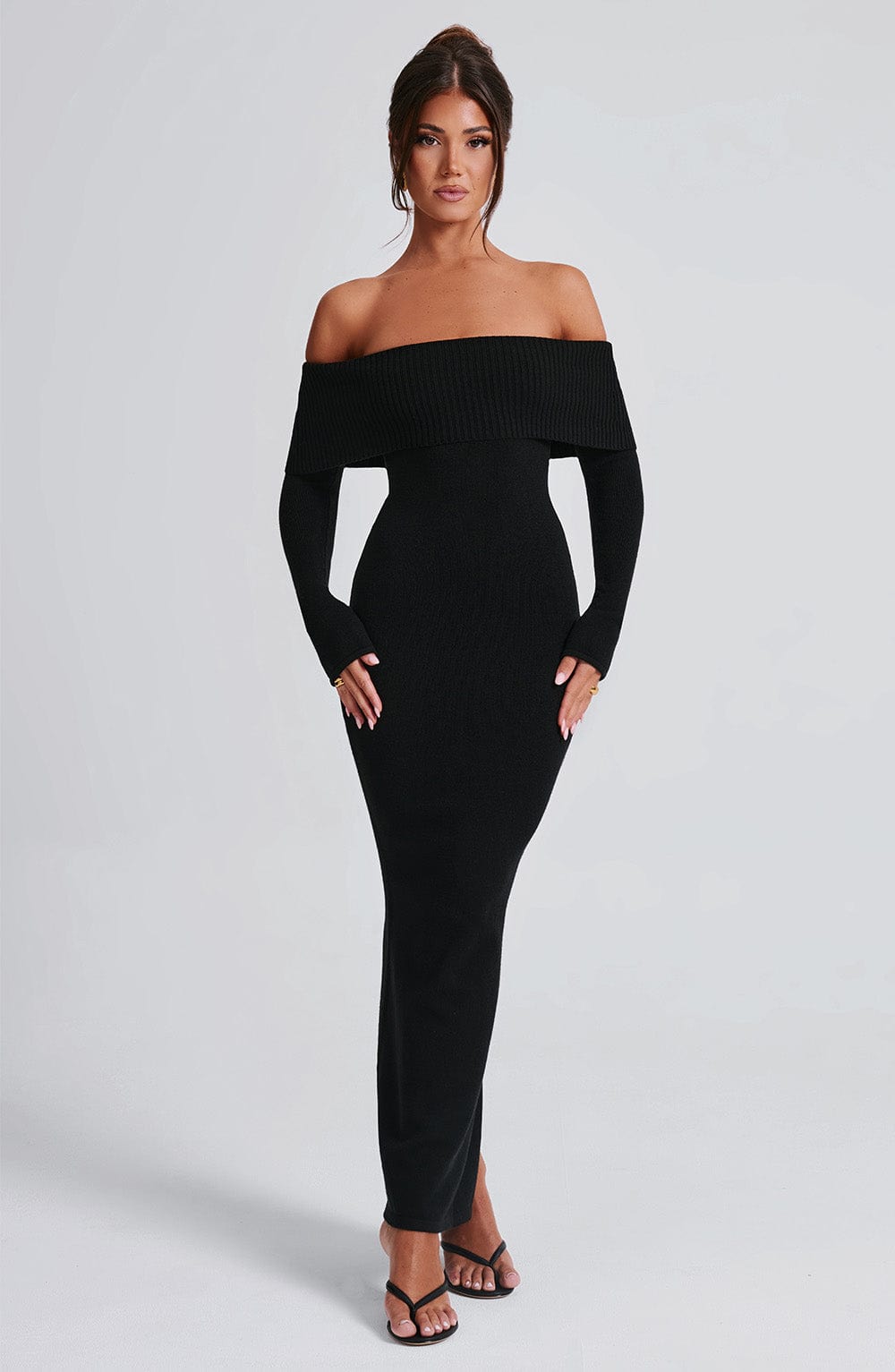 Women's Knit Maxi Dress - Off-the-Shoulder, Fitted Sleeves, Premium Fabric | Black