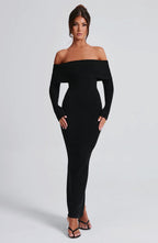 Women's Knit Maxi Dress - Off-the-Shoulder, Fitted Sleeves, Premium Fabric | Black