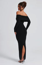 Women's Knit Maxi Dress - Off-the-Shoulder, Fitted Sleeves, Premium Fabric | Black