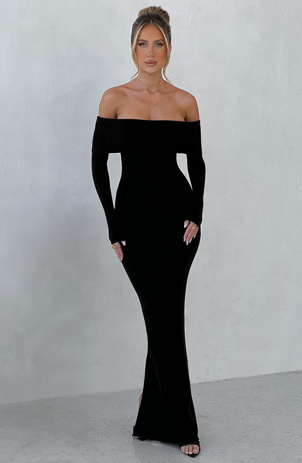 Women's Knit Maxi Dress - Off-the-Shoulder, Fitted Sleeves, Premium Fabric | Black