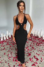 Women's Crochet Knit Maxi Dress with Plunge Neckline and Backless Ties | Black