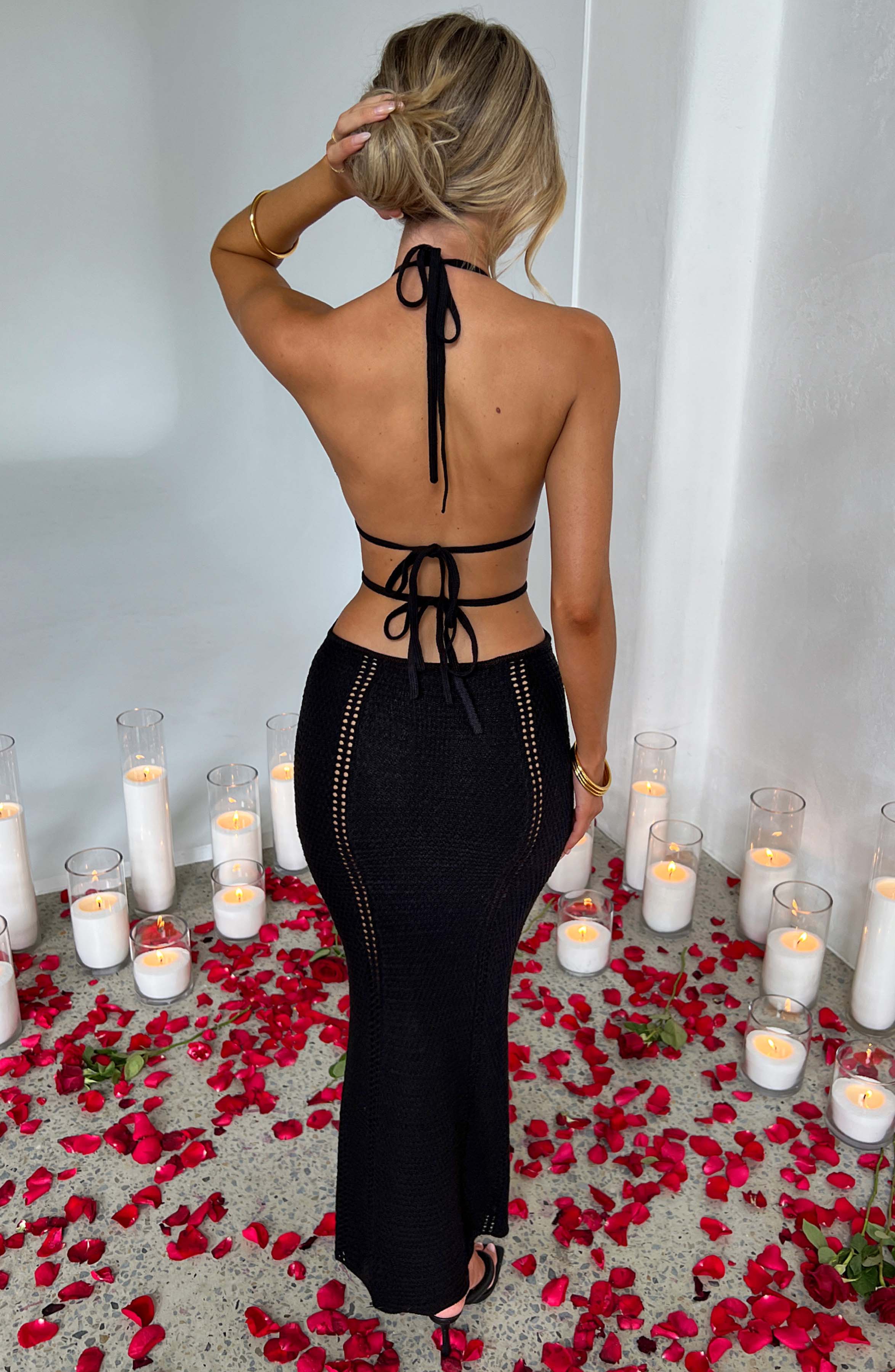 Women's Crochet Knit Maxi Dress with Plunge Neckline and Backless Ties | Black