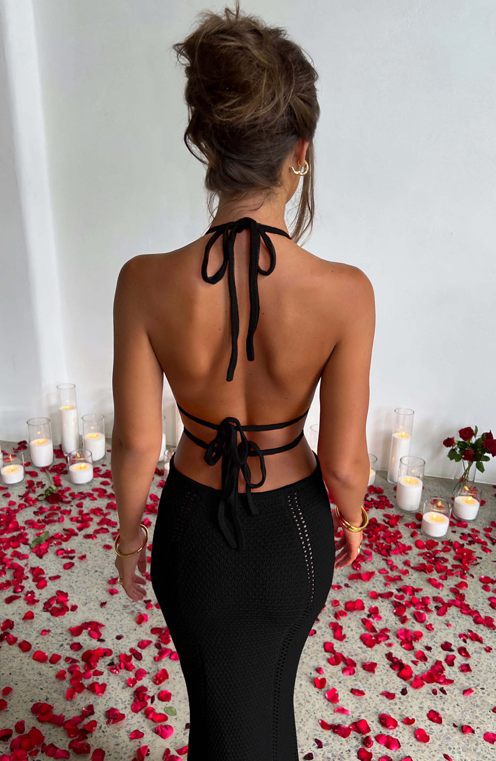 Women's Crochet Knit Maxi Dress with Plunge Neckline and Backless Ties | Black