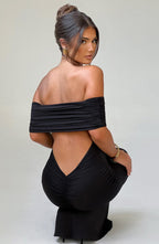 Women's Off-the-Shoulder Bardot Maxi Dress with Ruched Open Back - Elegant Evening Wear | Black